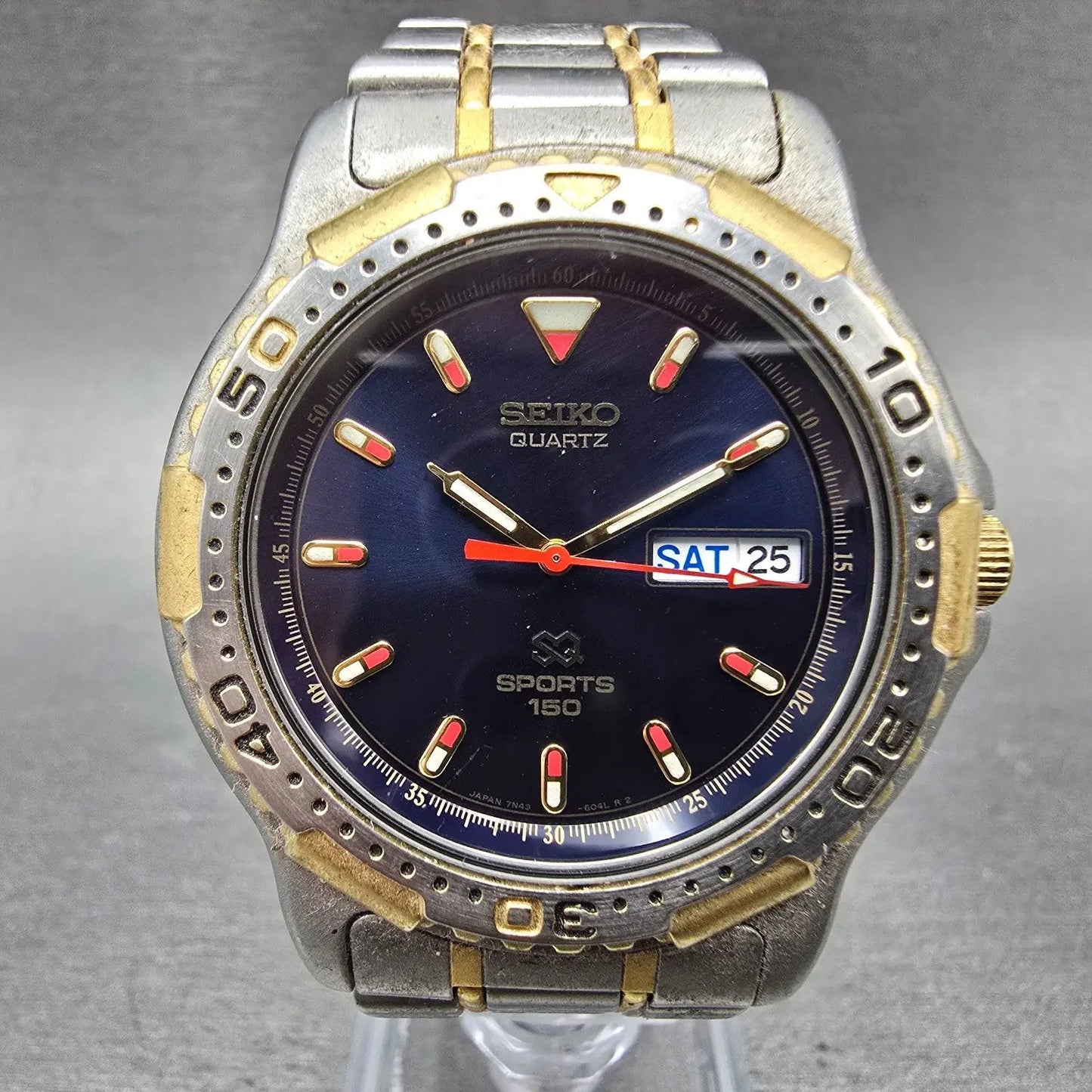 Seiko SQ Sports 150 Dive Watch Men Blue Dial Two Tone Daydate 7N43-6029 PARTS0