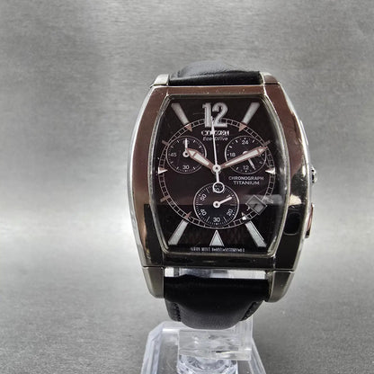 Citizen Eco-Drive Chronograph Watch Men 32mm Black Dial Titanium Date Runs KJ5