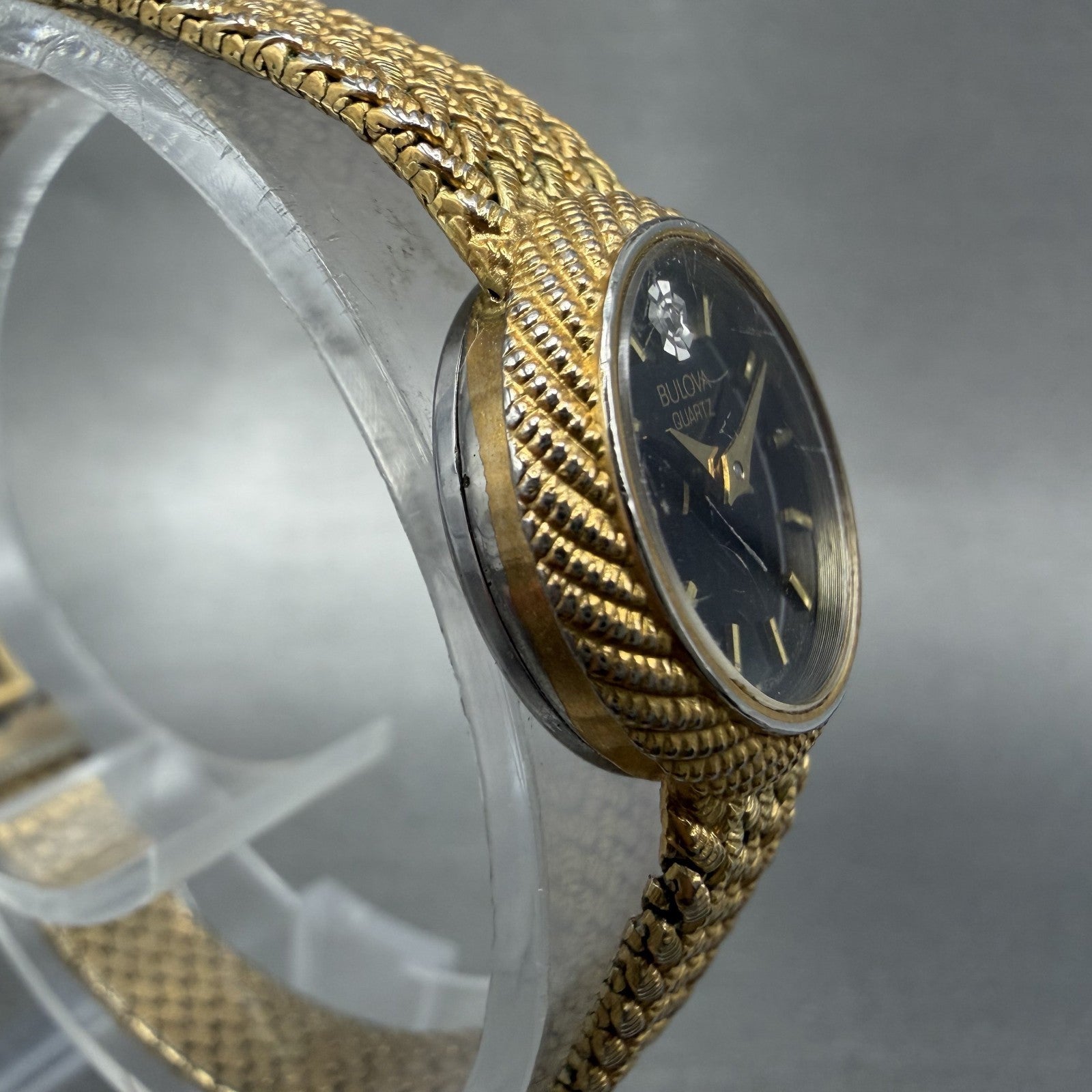 Bulova Watch Women 19mm Black Dial Gold Tone Round Mesh Band P7 New Battery VTG3