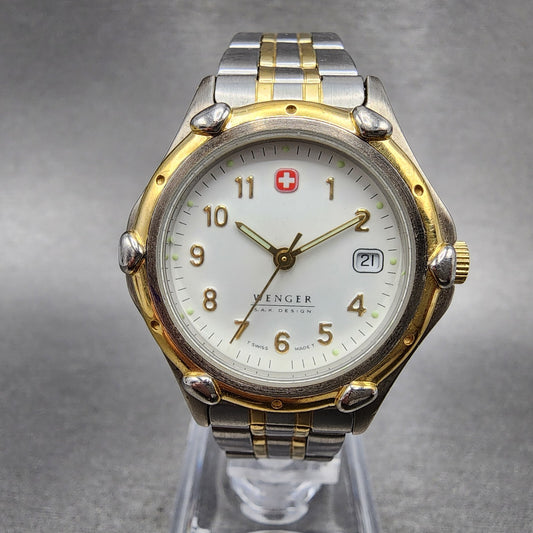 Wenger SAK Design Watch Women 29mm White Dial Two Tone Date Round New Batt A10