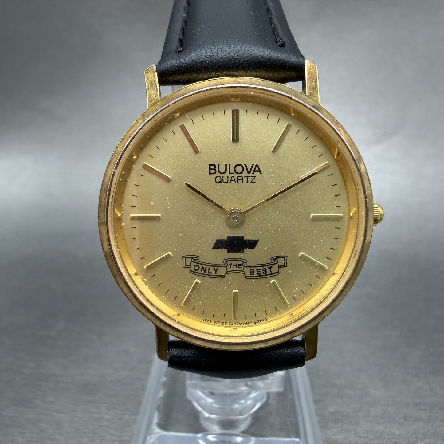 Bulova Chevrolet Watch Unisex 31mm Gold Dial Gold Tone Round 92P19 New Battery0