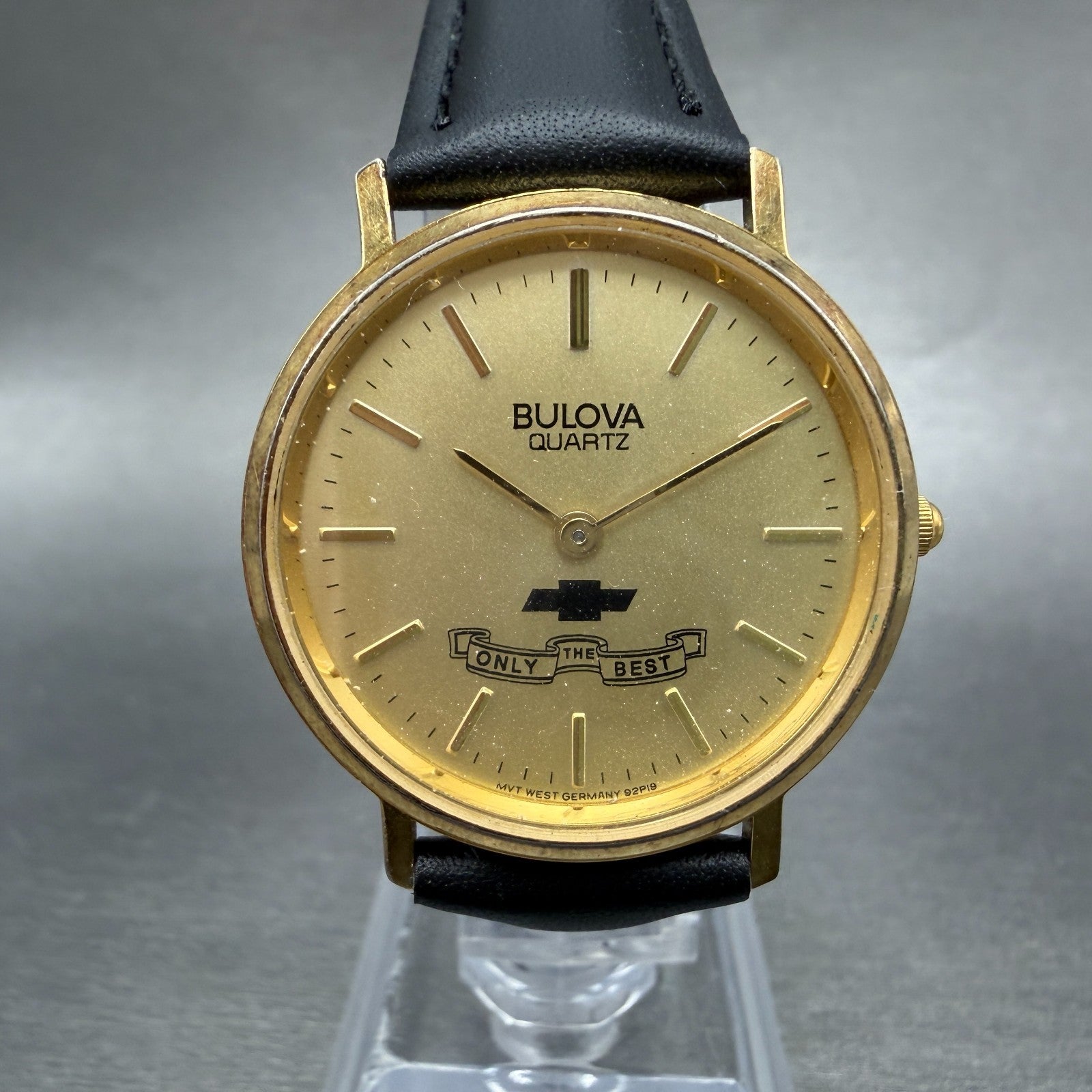 Bulova Chevrolet Watch Unisex 31mm Gold Dial Gold Tone Round 92P19 New Battery0