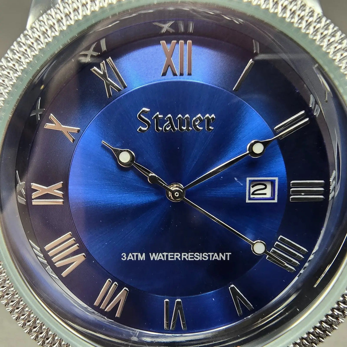 Stauer Urban Watch Men 43mm Blue Dial Silver Tone Date Leather 28997 New battery1