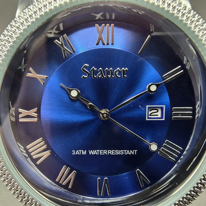 Stauer Urban Watch Men 43mm Blue Dial Silver Tone Date Leather 28997 New battery1