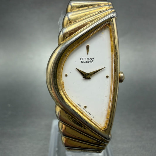 Seiko Half Moon Watch Women 19mm White Dial Gold Tone Asymmetrical New Battery0