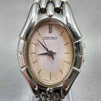 Seiko Watch Women 20mm Pink Dial Silver Tone Oval NO CROWN 1N01-0GS0 New Battery