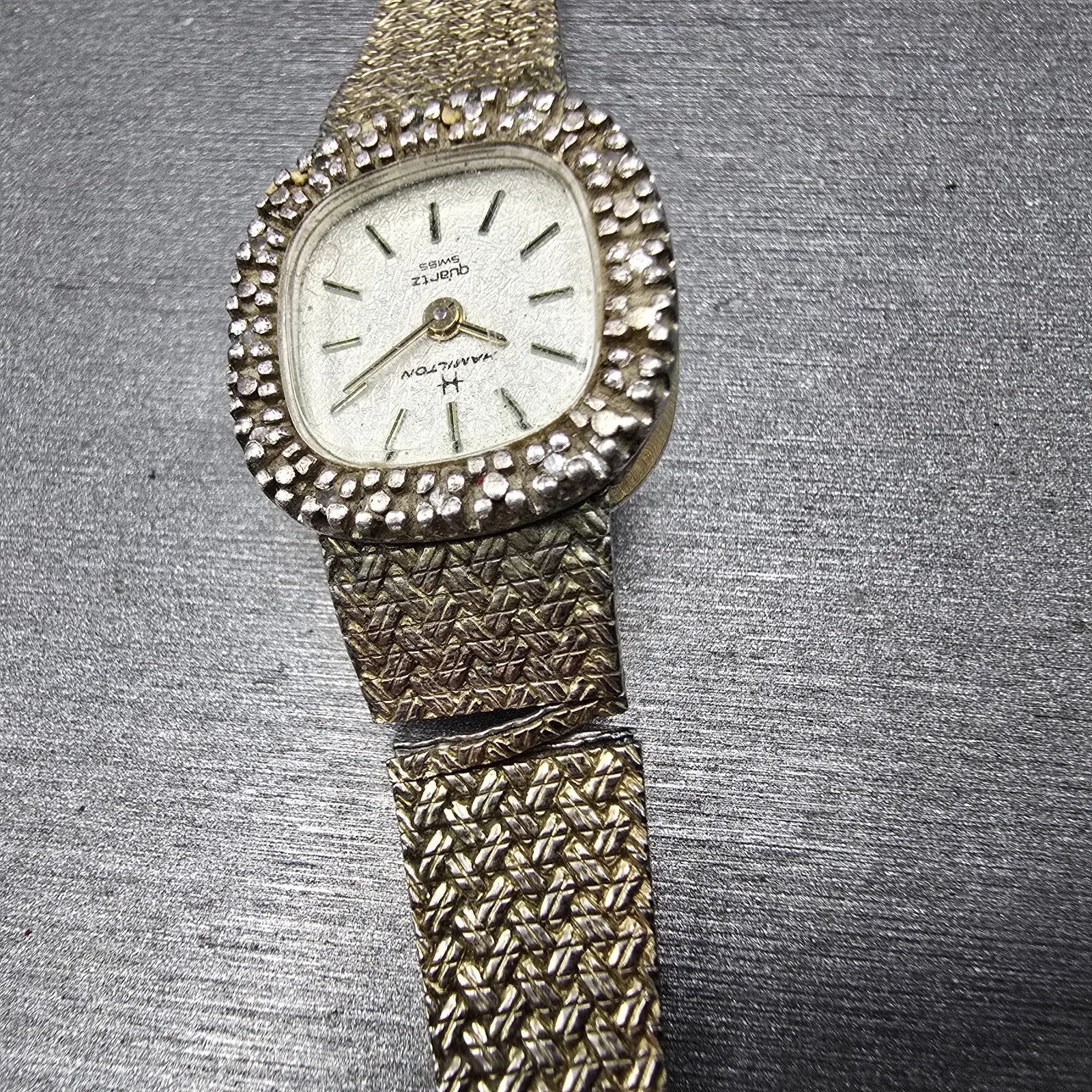 Hamilton Watch Women 18mm White Dial Gold Tone Rectangle Diamonds 8862 PARTS5