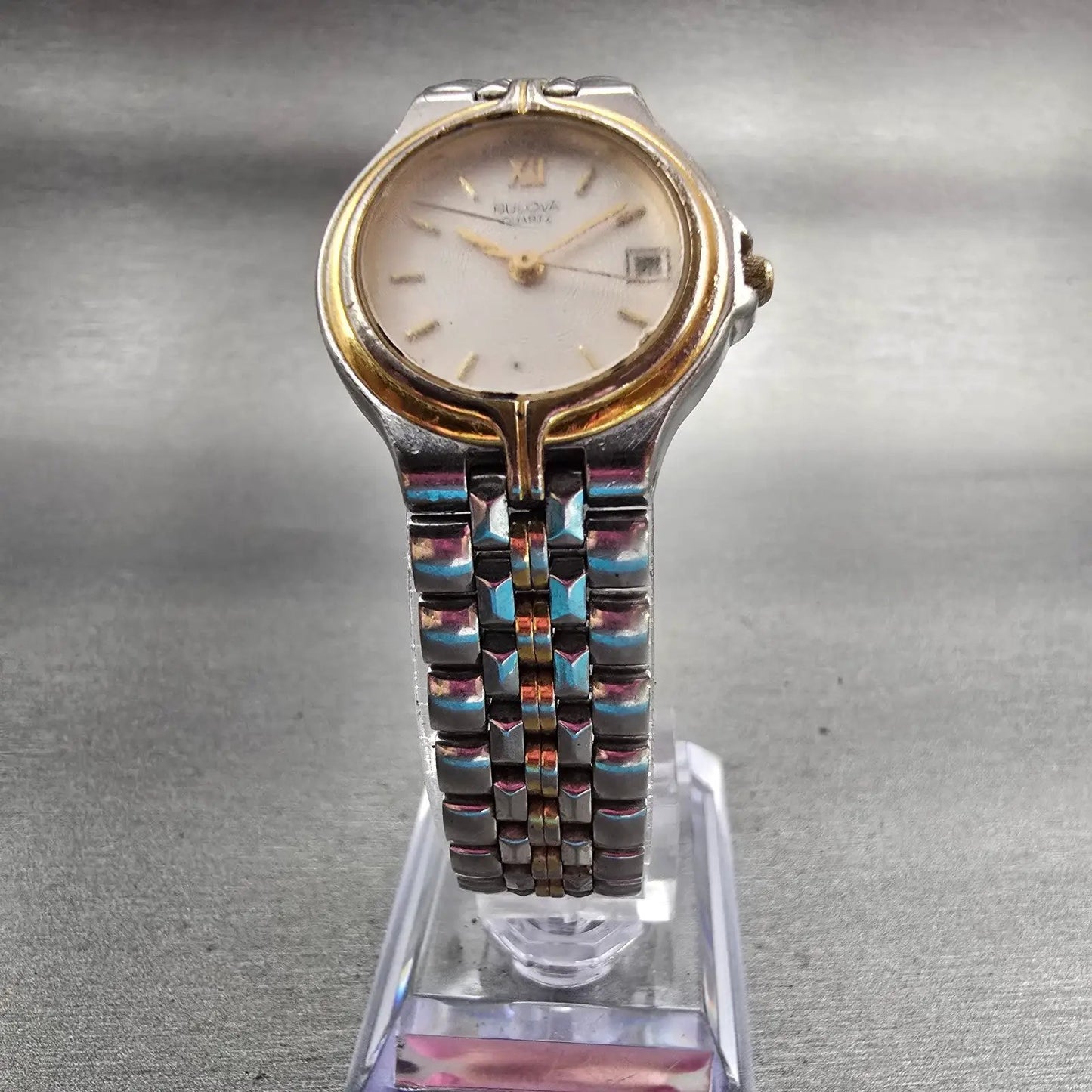Bulova Watch Women 24mm White Dial Two Tone Date Round 98M02 New Battery Vintage5