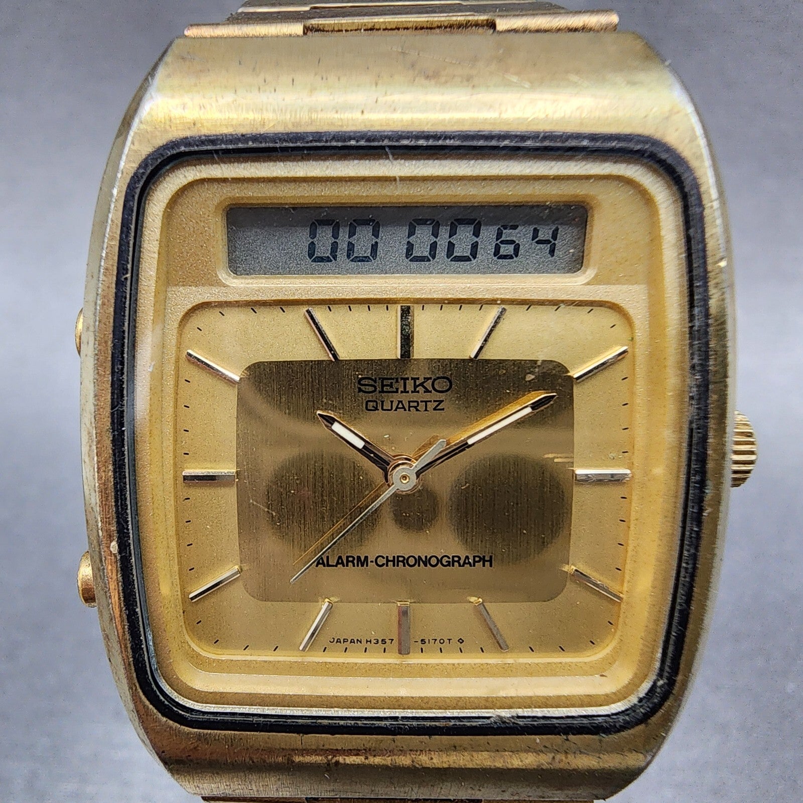 Seiko Analog Digital Watch Men 32mm Gold Dial Gold Tone H3575109 New Battery1