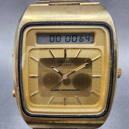 Seiko Analog Digital Watch Men 32mm Gold Dial Gold Tone H3575109 New Battery1