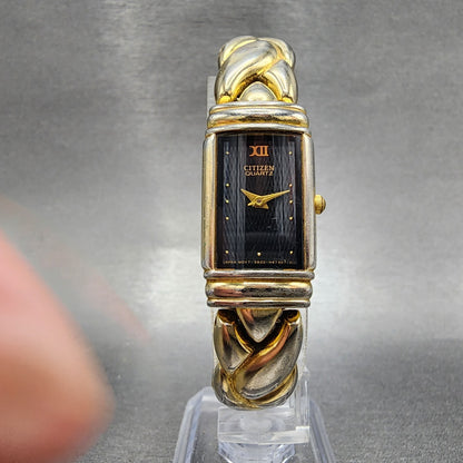 Citizen Tank Watch Women 17mm Black Dial Gold Tone Rectangle New Battery