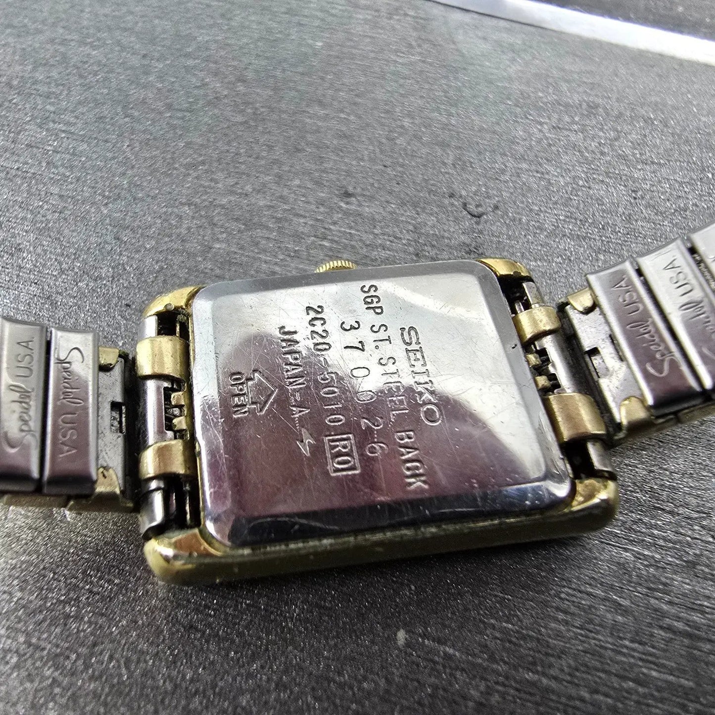 Seiko Tank Watch Women 18mm Champagne Dial Gold Tone 2C20-5010 New Battery VTG9