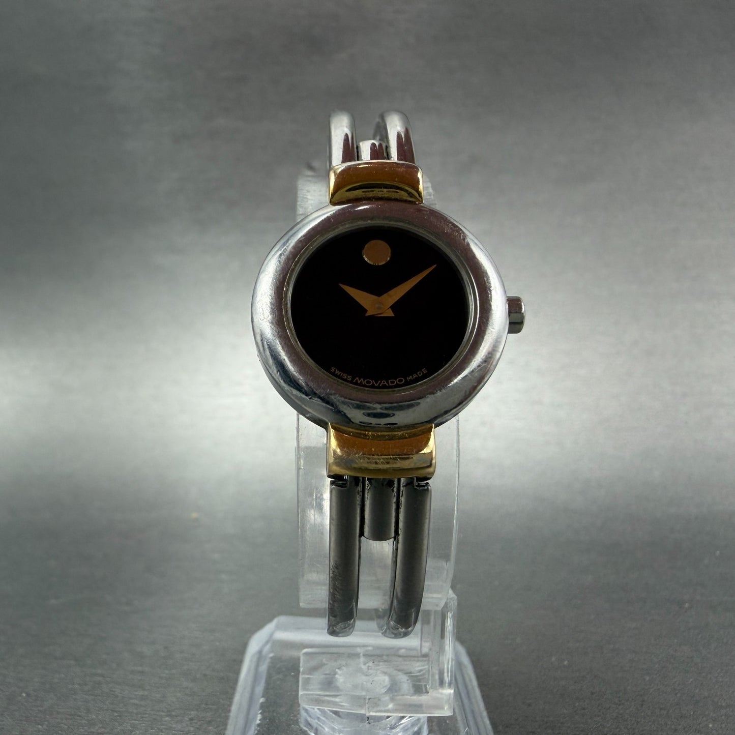 Movado Harmony Watch Women 23mm Black Dial Two Tone bangle Round New Battery NH15