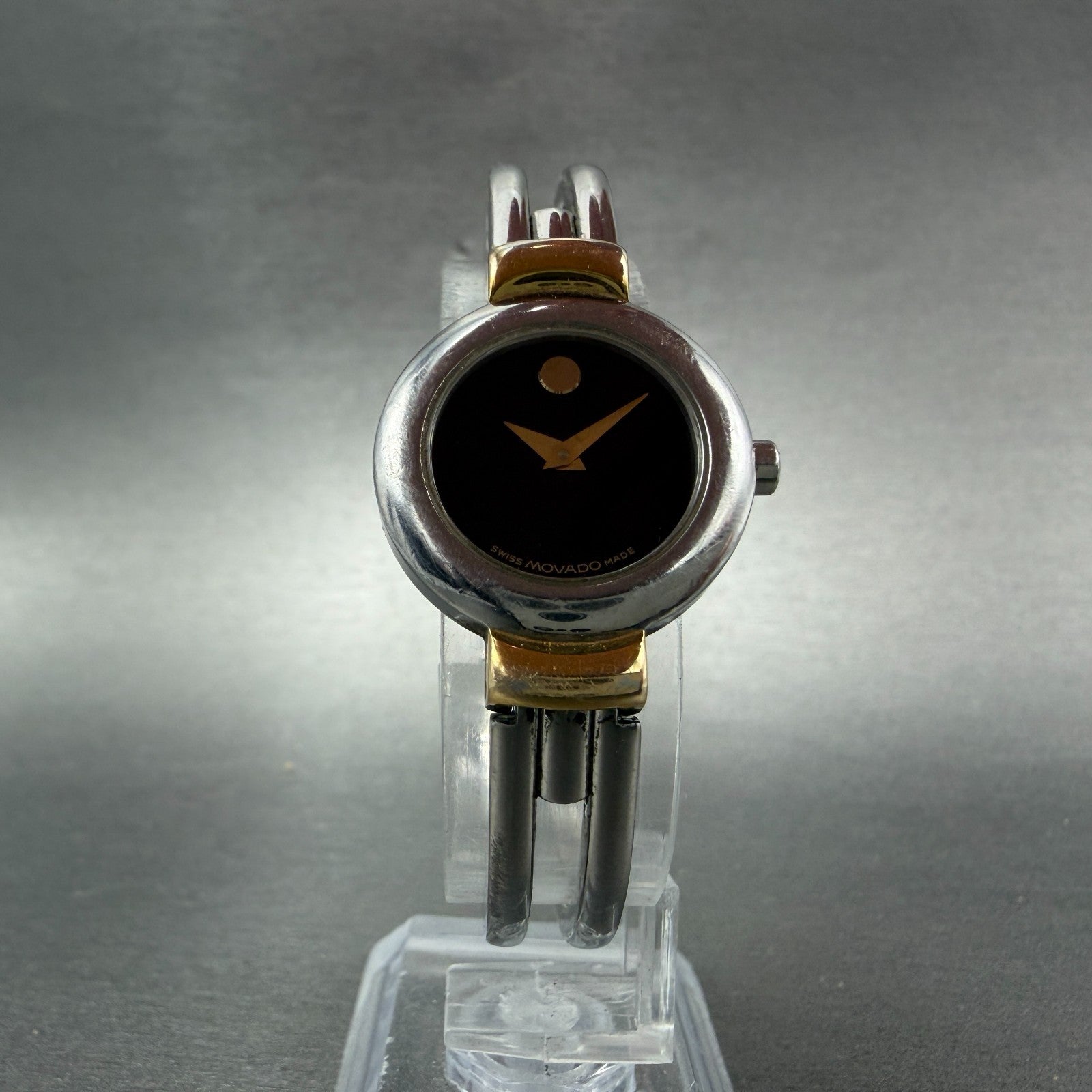 Movado Harmony Watch Women 23mm Black Dial Two Tone bangle Round New Battery NH15