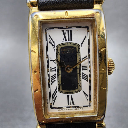 Seiko Age Of Discovery Tank Watch Women 16mm White Dial Gold Tone New Battery1