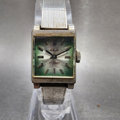 Rado Tank Watch Women 16mm Green Dial Silver Tone Rectangle Manual Wind Runs VTG0