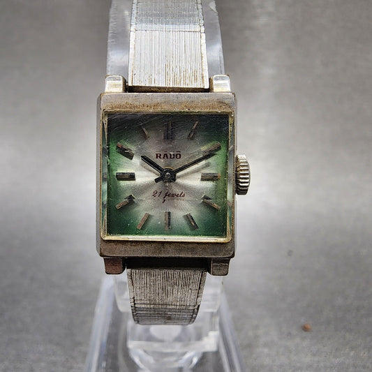 Rado Tank Watch Women 16mm Green Dial Silver Tone Rectangle Manual Wind Runs VTG0