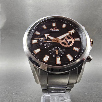 Technos Chronograph Watch Men 46mm Black Dial Silver Tone Round TSM616 New Batt5