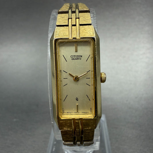 Citizen CQ Tank Watch Women 13mm Champagne Dial Gold Tone Rectangle New BatteryN0