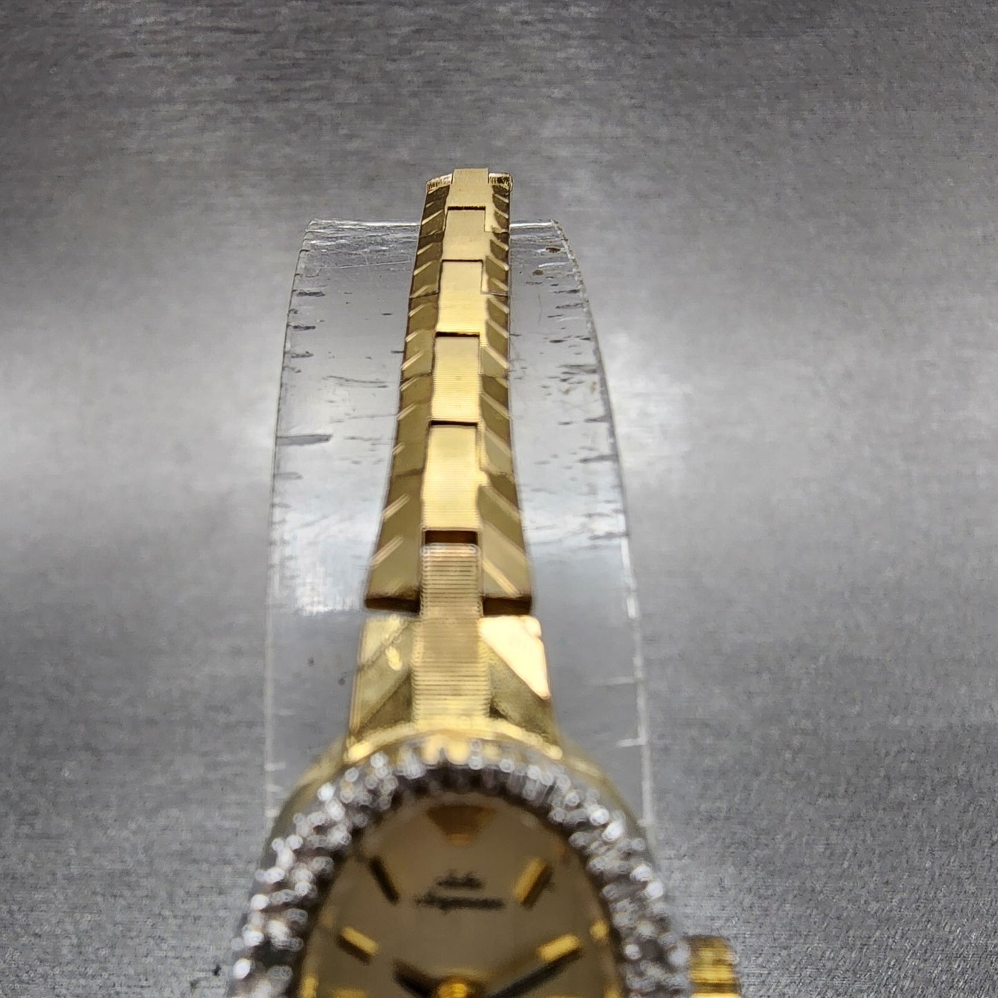 Jules Jurgenson Watch Women 15mm Gold Dial Gold Tone Oval Gem Set Bezel Runs4