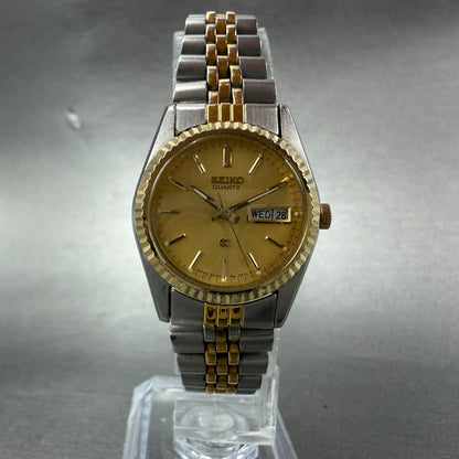 Seiko SQ Watch Women 24mm Gold Dial Two Tone Daydate 3Y03-0169 New Battery ABC5