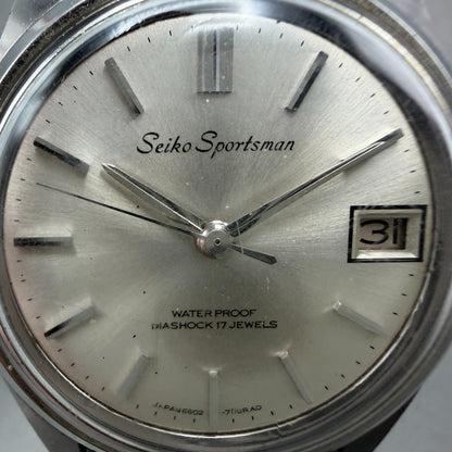 Seiko Sportsman Watch Men 34mm Silver Dial Silver Tone Date 6602-7030 Runs1