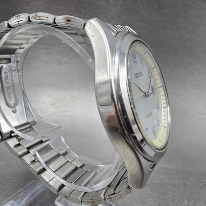Seiko Solar Watch Men 36mm MOP Dial Silver Tone Date Round V145-0BS0 Runs3
