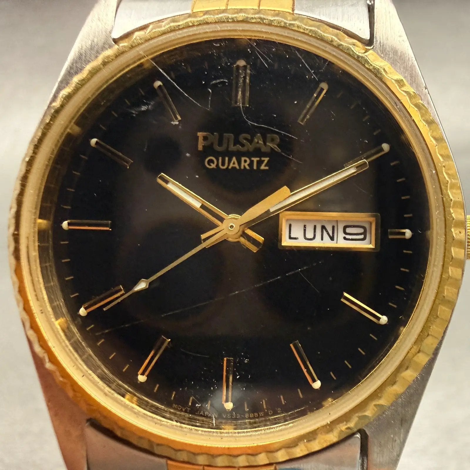 Pulsar President Watch Men 35mm Black Dial Two Tone Daydate  V533-8B50 New Batt1