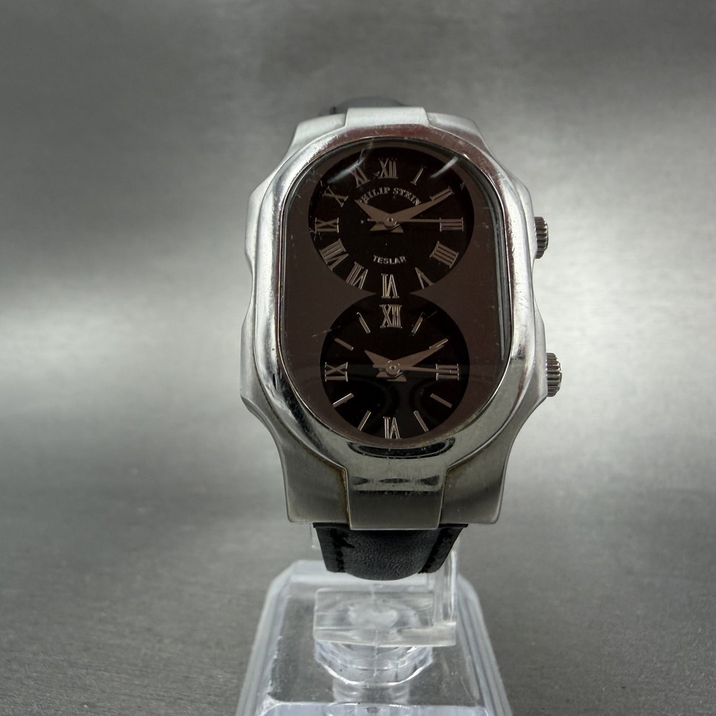 Philip Stein Teslar Watch Women 27mm Black Dial Steel Dual Time Oval New Battery5