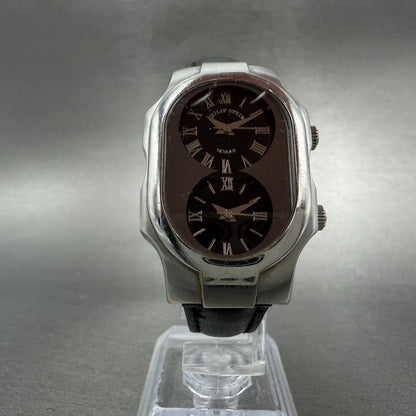 Philip Stein Teslar Watch Women 27mm Black Dial Steel Dual Time Oval New Battery5