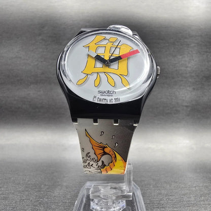 Swatch Prosperous Fish Mens Watch 34mm White Dial Black Tone Round GB226 New Bat5