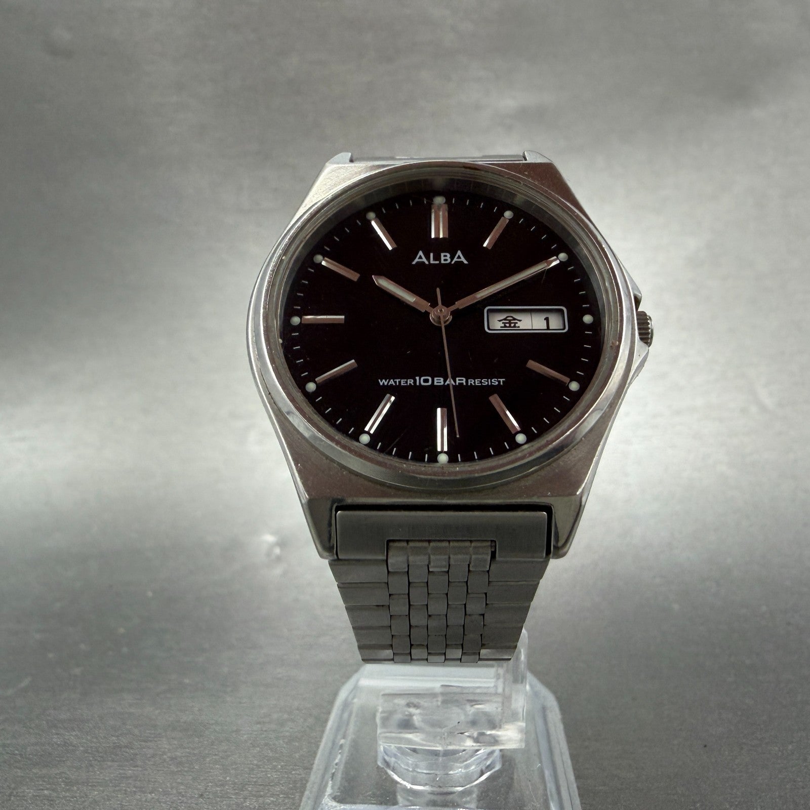 Seiko Alba Watch Men 37mm Black Dial Silver Tone Daydate V743-0a20 New Battery 45