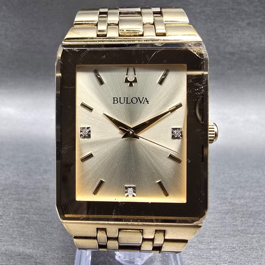 Bulova Futuro Quadra Watch Men 31mm Gold Dial Gold Tone Rectangle 97D120 New Bat0