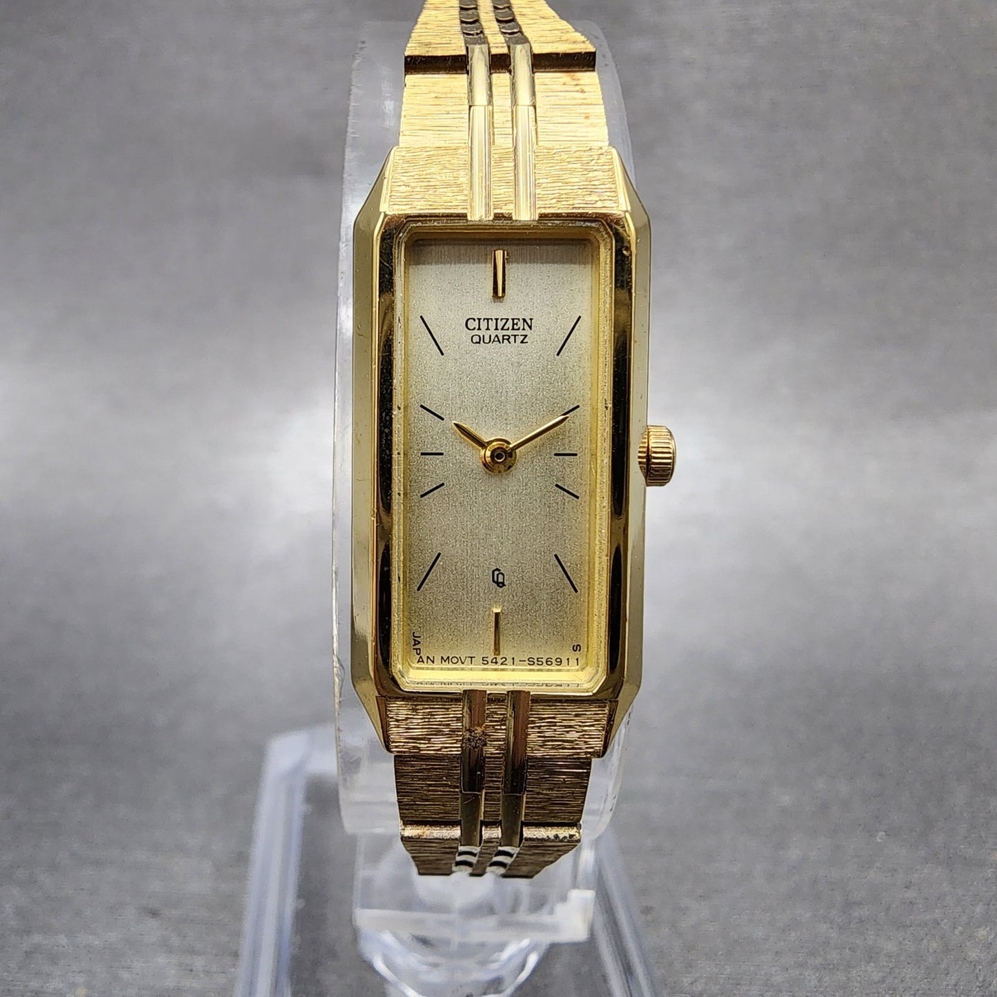 Citizen CQ Tank Watch Women 13mm Champagne Dial Gold Tone Rectangle New Battery0