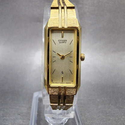 Citizen CQ Tank Watch Women 13mm Champagne Dial Gold Tone Rectangle New Battery0