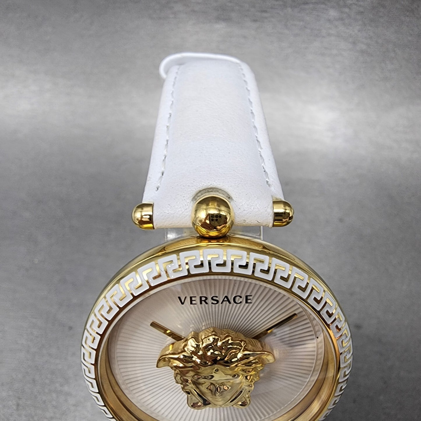 Versace Palazzo Watch Women 39mm White Dial Gold Tone Round Leather Band New Bat4