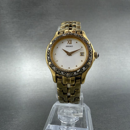 Seiko Watch Women 26mm White Dial Gold Tone Date Round 7N89-0449 New Battery5