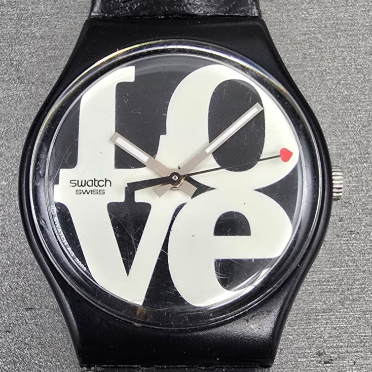 Swatch Enigmatic Love Watch Men 35mm White Dial Black Case Round GB218 New Batt1