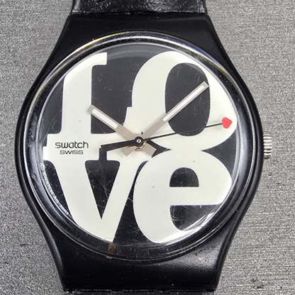Swatch Enigmatic Love Watch Men 35mm White Dial Black Case Round GB218 New Batt1