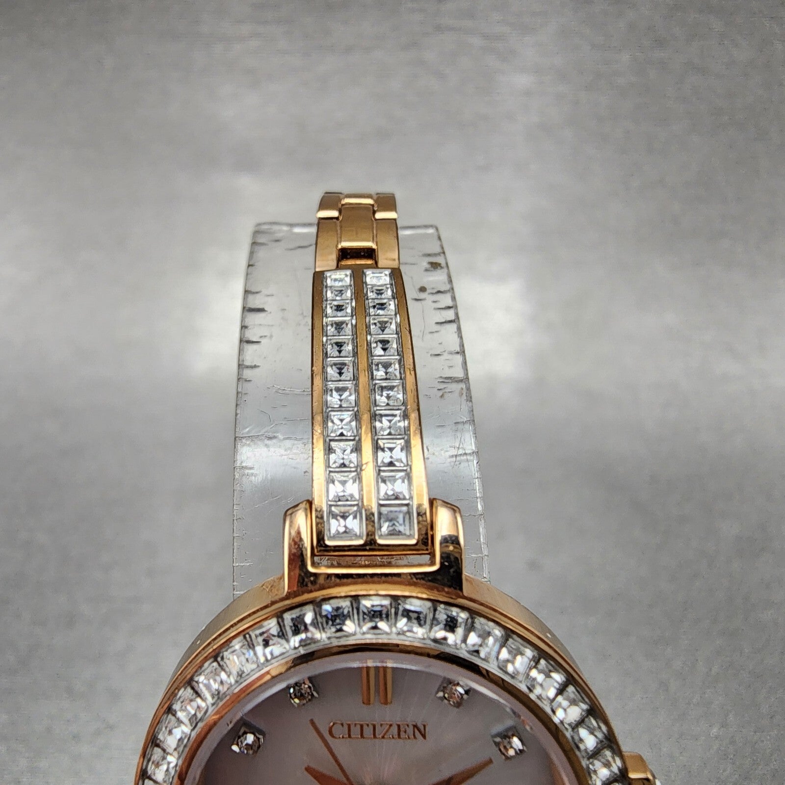 Citizen EcoDrive Silhouette Crystal Watch Women 25mm MOP Dial Rose Gold Tone BA4