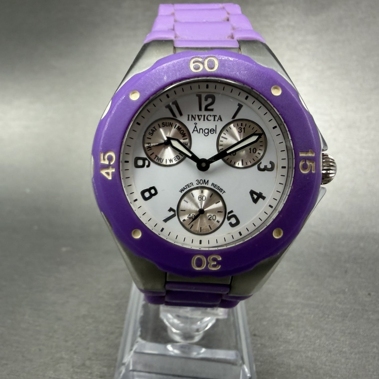 Invicta Angle Watch Women 38mm White Dial Steel Daydate Purple 0702 New battery0