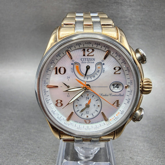Citizen EcoDrive World Time Watch Women 41mm MOP Dial Two Tone Date Works0