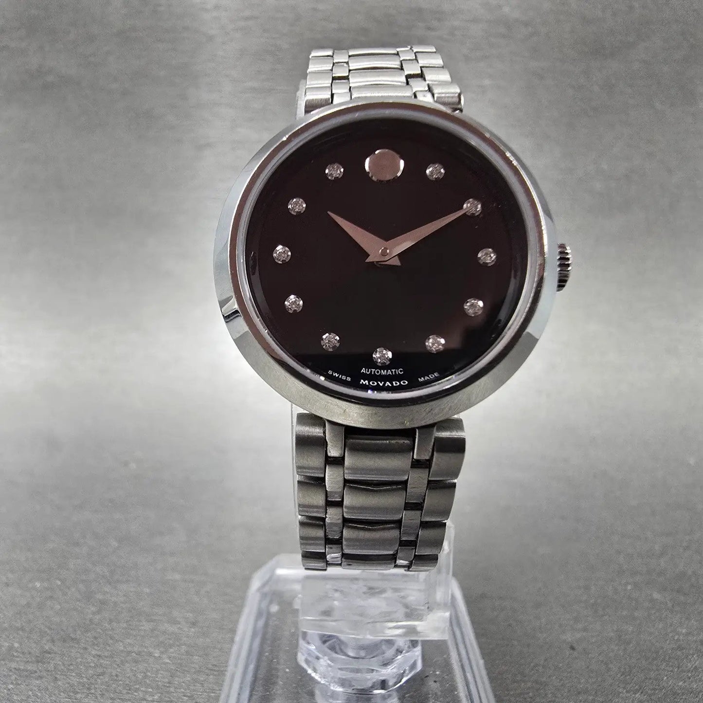 Movado Automatic Watch Women 27mm Black Dial Silver Tone Round 0606919 Runs5