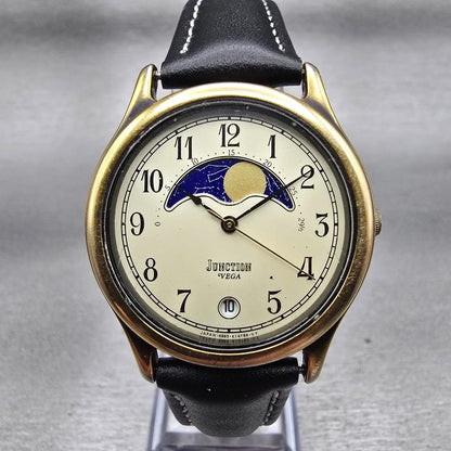Citizen Vega Junction Moon Phase Watch Men 32mm Champagne Dial Gold Tone NewBat1