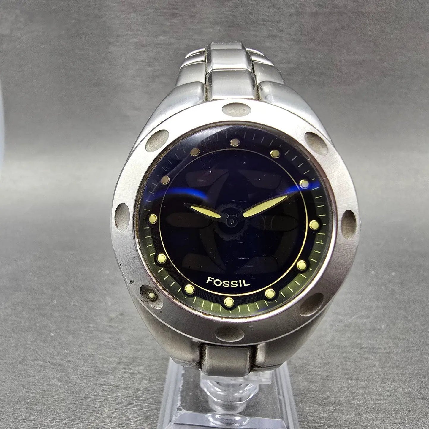 Fossil Big Tic Watch Men 40mm Blue Dial Silver Tone READ!!!! AM-3432 New Battery0