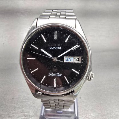 Seiko SilverWave Watch Men 35mm Black Dial Silver Tone Daydate 8229-7038 New Bat0