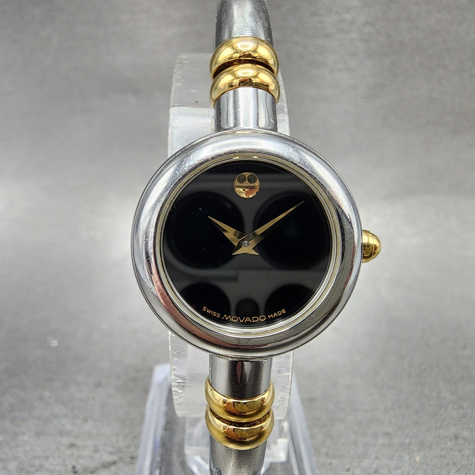 Movado Bareleto Watch Women 24mm Black Dial Two Tone Round Bangle New BatteryABC0