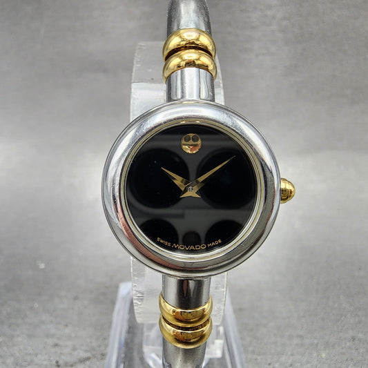 Movado Bareleto Watch Women 24mm Black Dial Two Tone Round Bangle New BatteryABC0