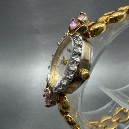 Gruen Watch Women 18mm White Dial Gold Tone Oval Pink Gem Stones New Battery2