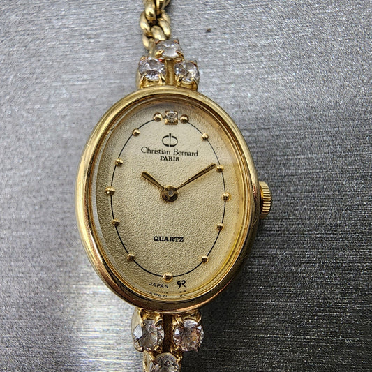 Christian Bernard Watch Women 16mm Cream Dial Gold Tone Oval READ!!! New Batt0